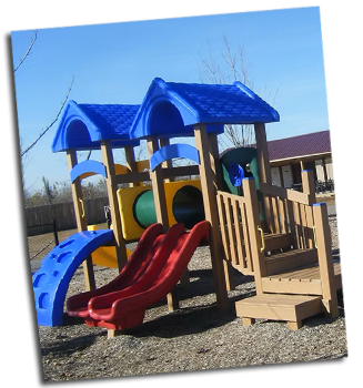 Brightly colored playground equipment is pictured.